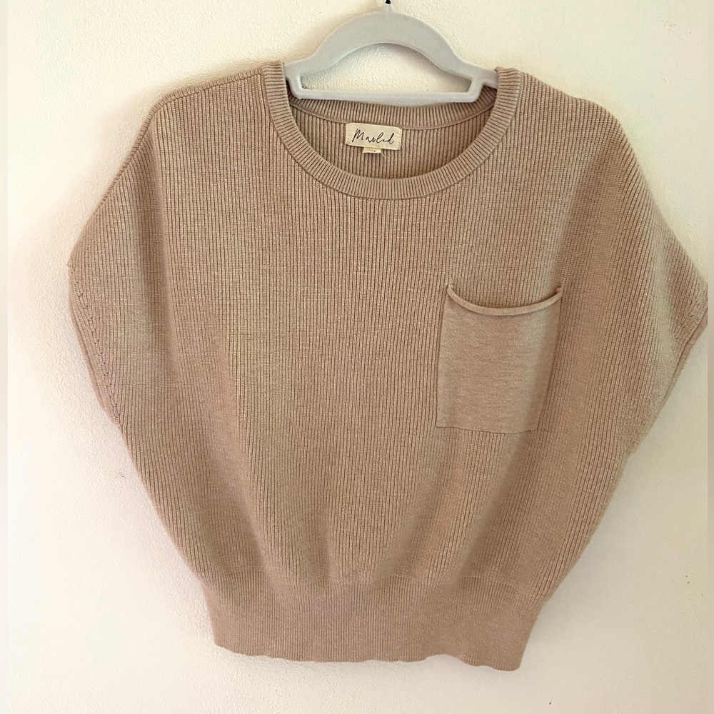 Marled Beige Cream Ribbed Knit Short Sleeve Crew Neck Sweater Women's Size M